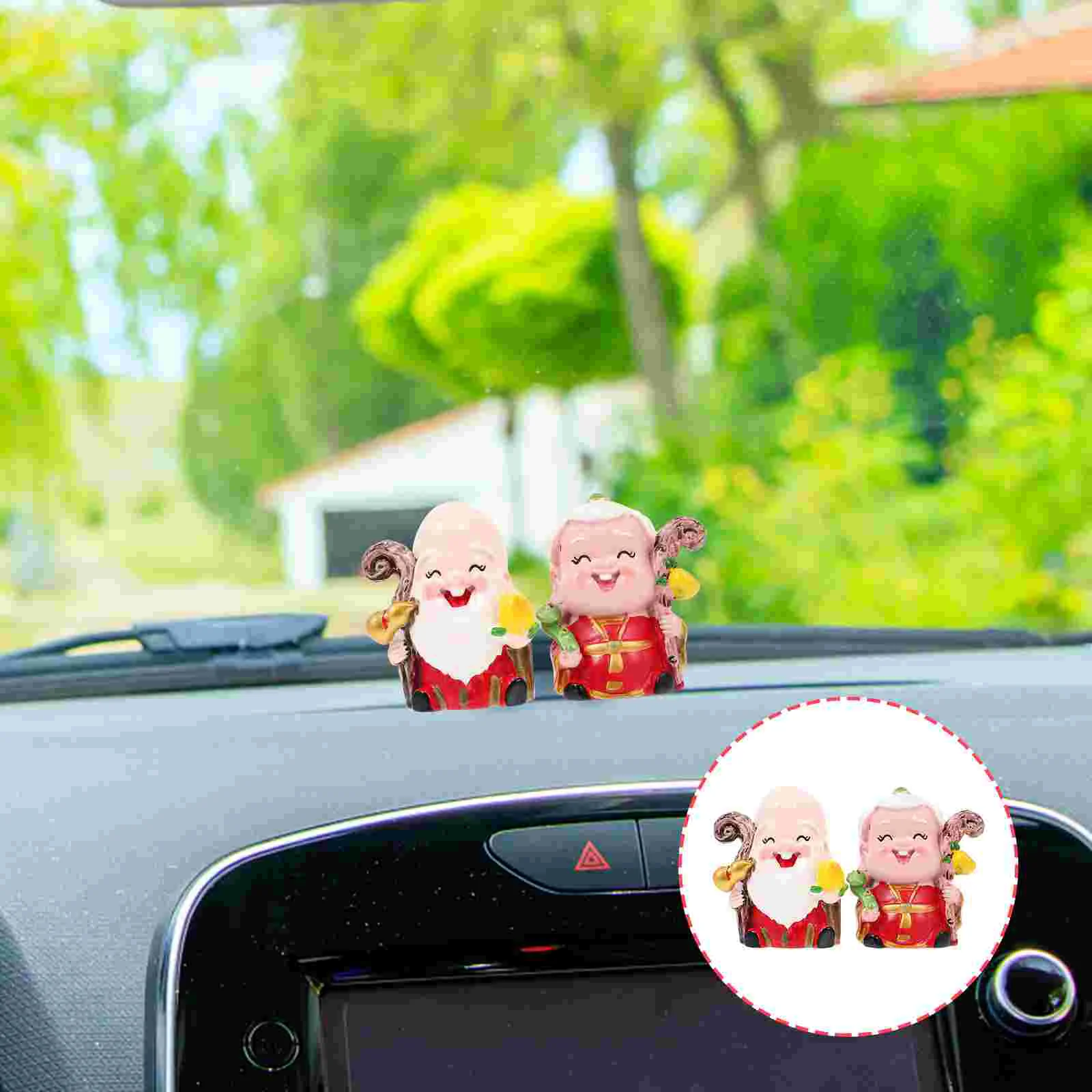 2 Pcs Car Dashcam Birthday Boy Toy Home Decor Creative God of Longevity Figurine Chinese Ornament Courtyard Adornment