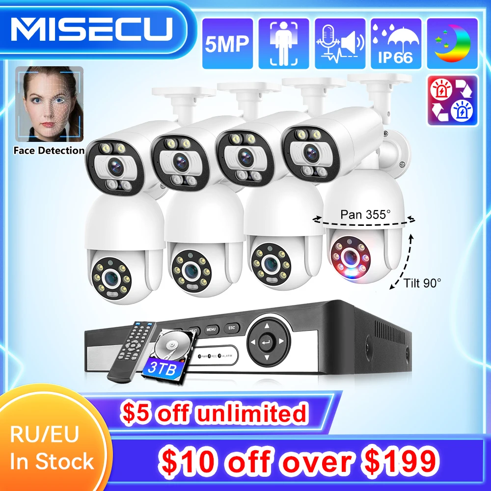 MISECU H.265 8CH 5MP PTZ POE Security Camera System Outdoor Color Night Vision CCTV Record Surveillance Protection Kit NVR P2P