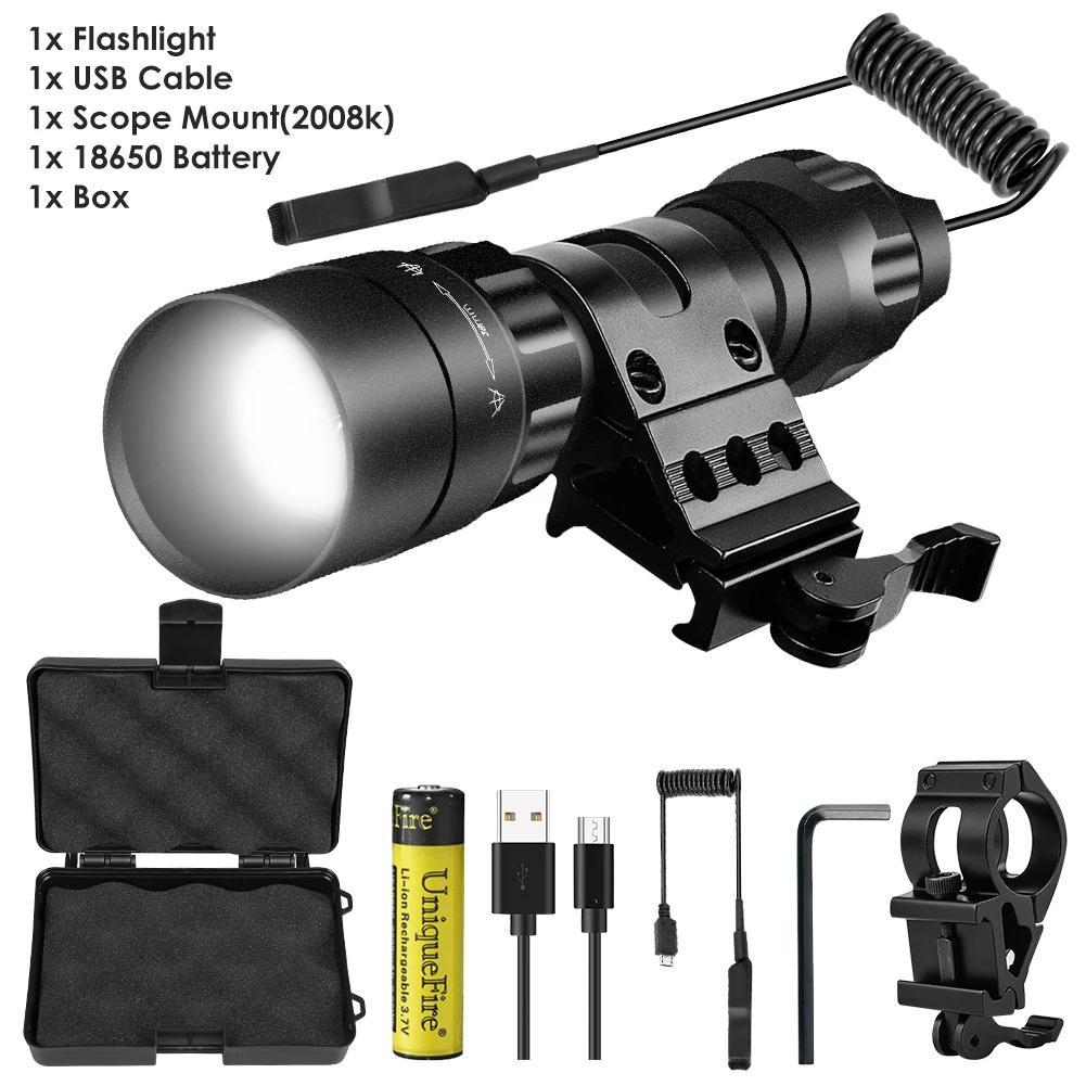 

UniqueFire 1605 T38 Powerful Tactical Flashlight 3000LM USB Rechargeable Torch Hunting Light with Mount Kit 5%-95% Brightness