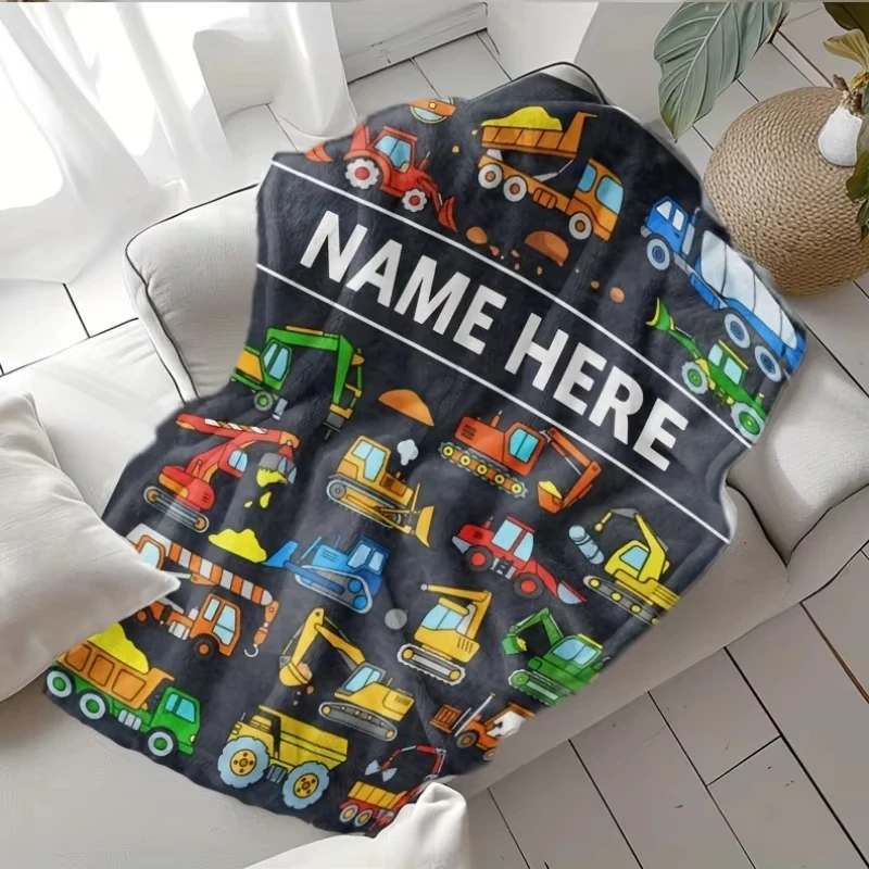 Personalized Name Cartoon Construction Vehicle Blanket Cute Building Truck Flannel Blanket All-season Soft Cozy Gift for Home