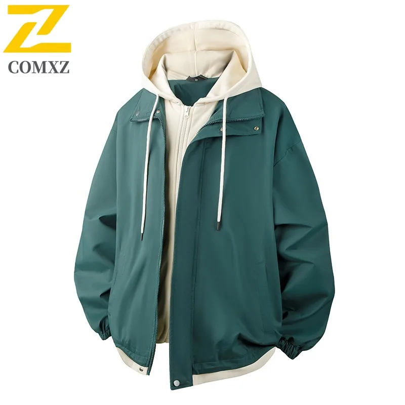 

COMXZ 2025 Mens Jackets Solid Color Outdoor Travel Camping Fake Two Piece Windbreaker Jacket Streetwear Trendy Outerwear Autumn