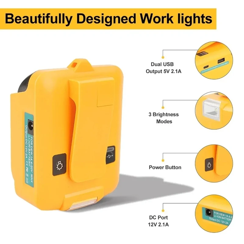 2 USB Battery Adapter For Dewalt LED Work Light 18V 20V 60V Li-Ion Battery Power Tools DC 12V/2A Output Charger