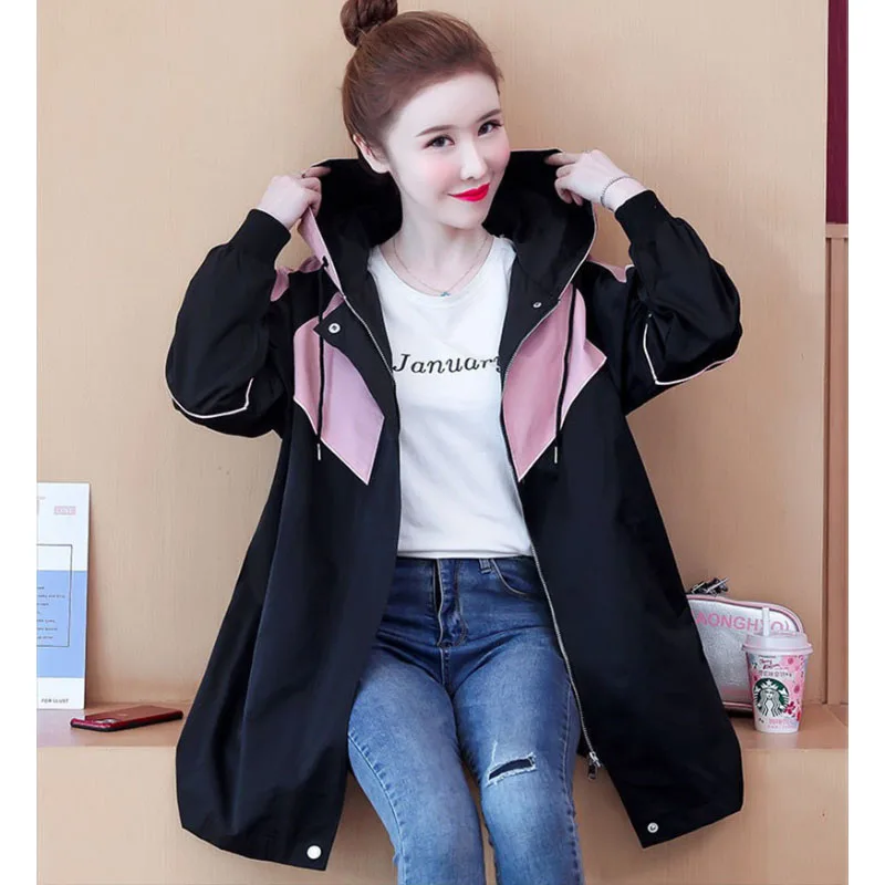 

New Loose Ladies Lined Outwear Spring Autumn Hooded Female Trench Jacket 2024 Medium Long Styles Women Splicing Windbreaker Coat