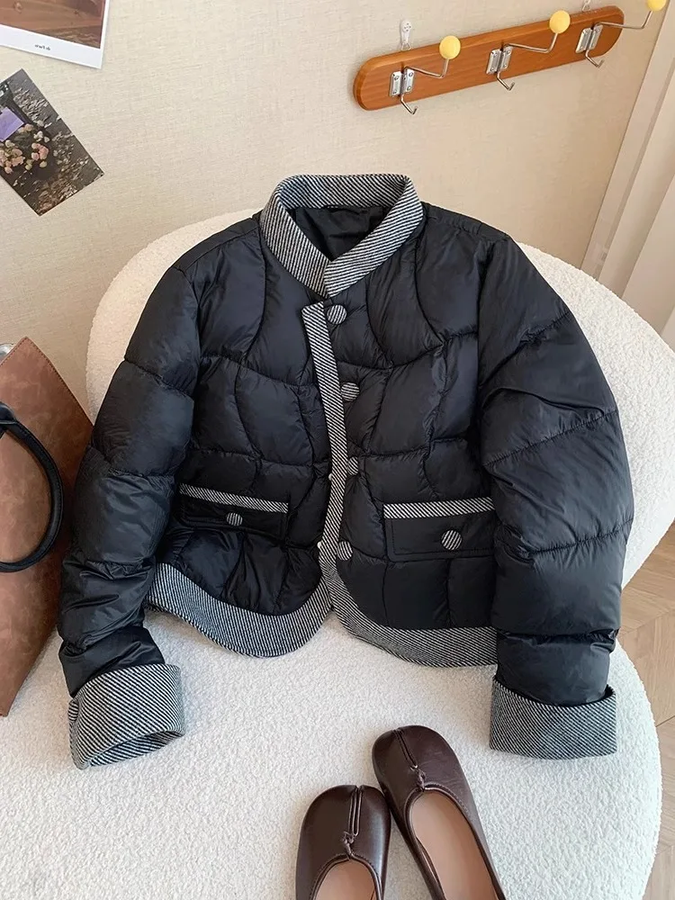 Black Splicing Stand Collar Cotton Jacket Men Women Casual Style Fashion Trend Matching Autumn Winter Cotton Outerwear