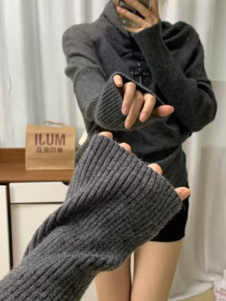 American Vintage Gray Sweater for Women Autumn Turtleneck Knitted Pullover Japanese Y2k Subcultural Women's Clothing Knitwear