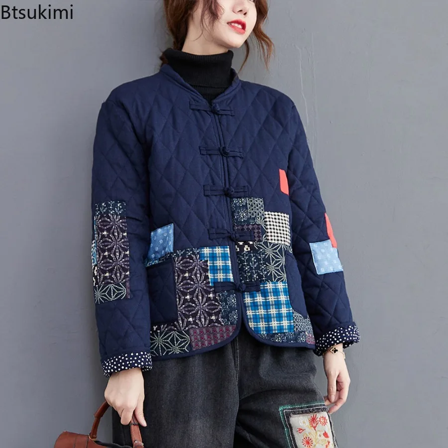 New 2025 Autumn Winter Arts Style Women Long Sleeve Vintage Short Coat Patchwork Cotton Linen Single Breasted Thicken Jackets
