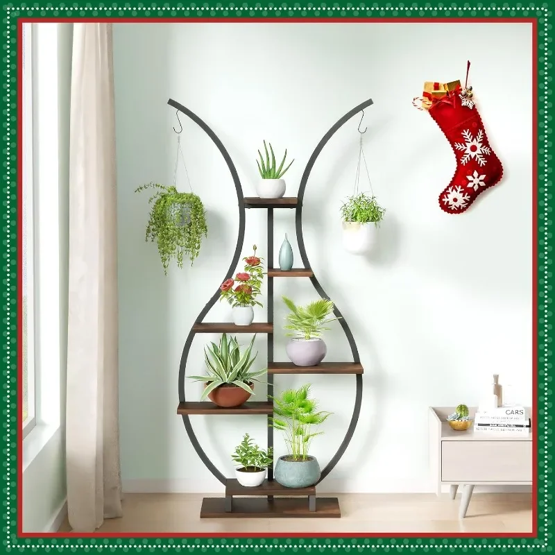 6 Tier Tall Plant Stand Indoor, Vase-Shape Metal Plant Shelf with Hanging Hook, Multiple Planter Display for Home Decor