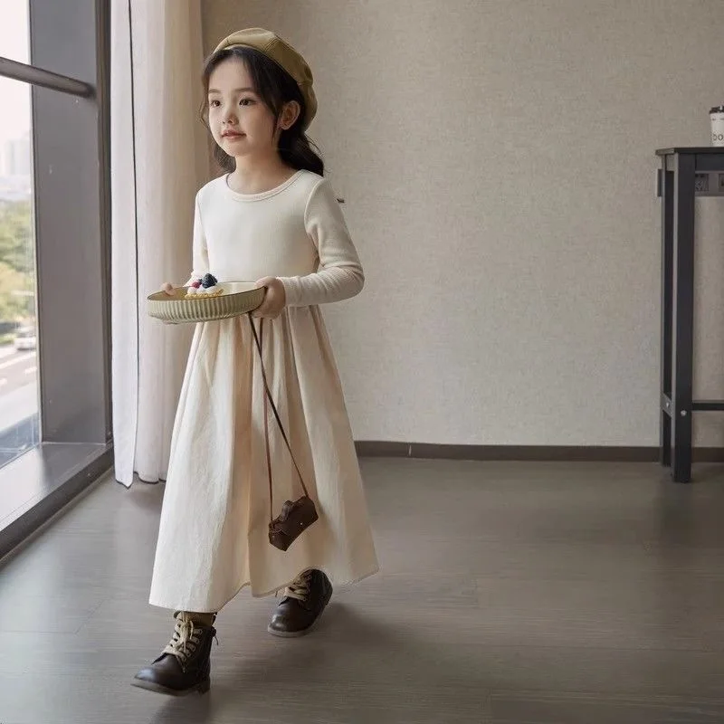 

Girls' Autumn Children's Clothing Knitted Dress 2025 Children's Korean Version Splicing Design Literary Long-sleeved Skirt
