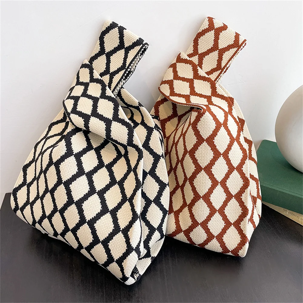 Fashion Plaid Knitted Bag Handbag Handmade Shoulder Bag Lady Leisure Tote Korean Mini Knot Wrist Bag Eco Friendly Grocery Pouch