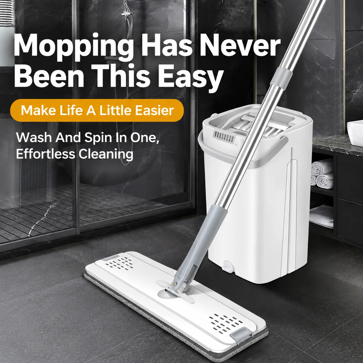 Built-in Squeegee Hands-Hands-Off Flat Mop Long Handle Self-Wringing Mop Container System Compact Storage for Hardwood Floors