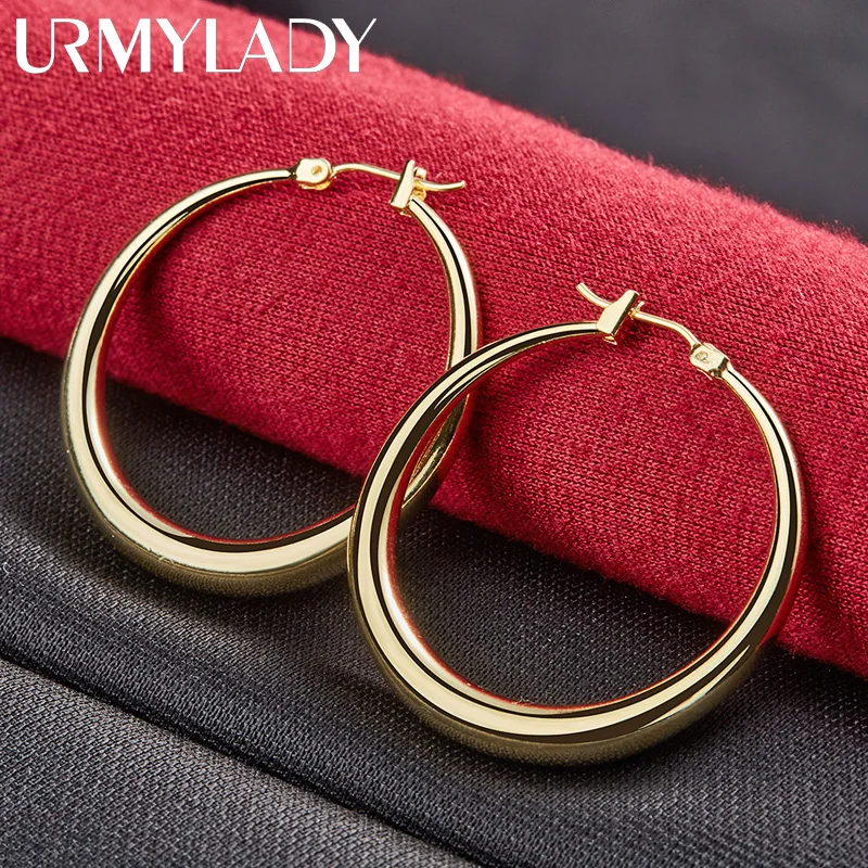 URMYLADY Smooth Round Moon Hoop Earrings 925 Sterling Silver For Women Charm Wedding Engagement Fashion Party Jewelry