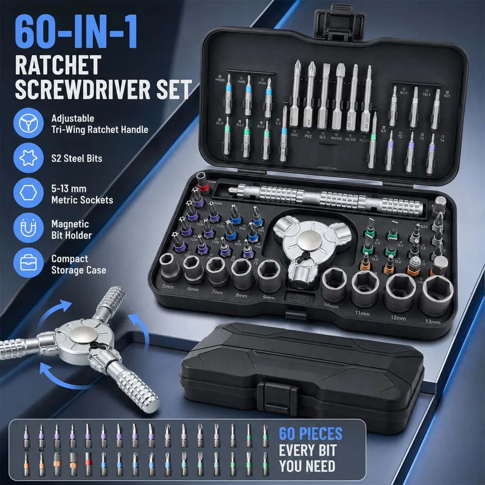 60-in-1 Precision Ratchet Screwdriver Set, Tri-Wing Handle, Magnetic S2 Bits & Metric Sockets for Home, PC and Furniture Repair