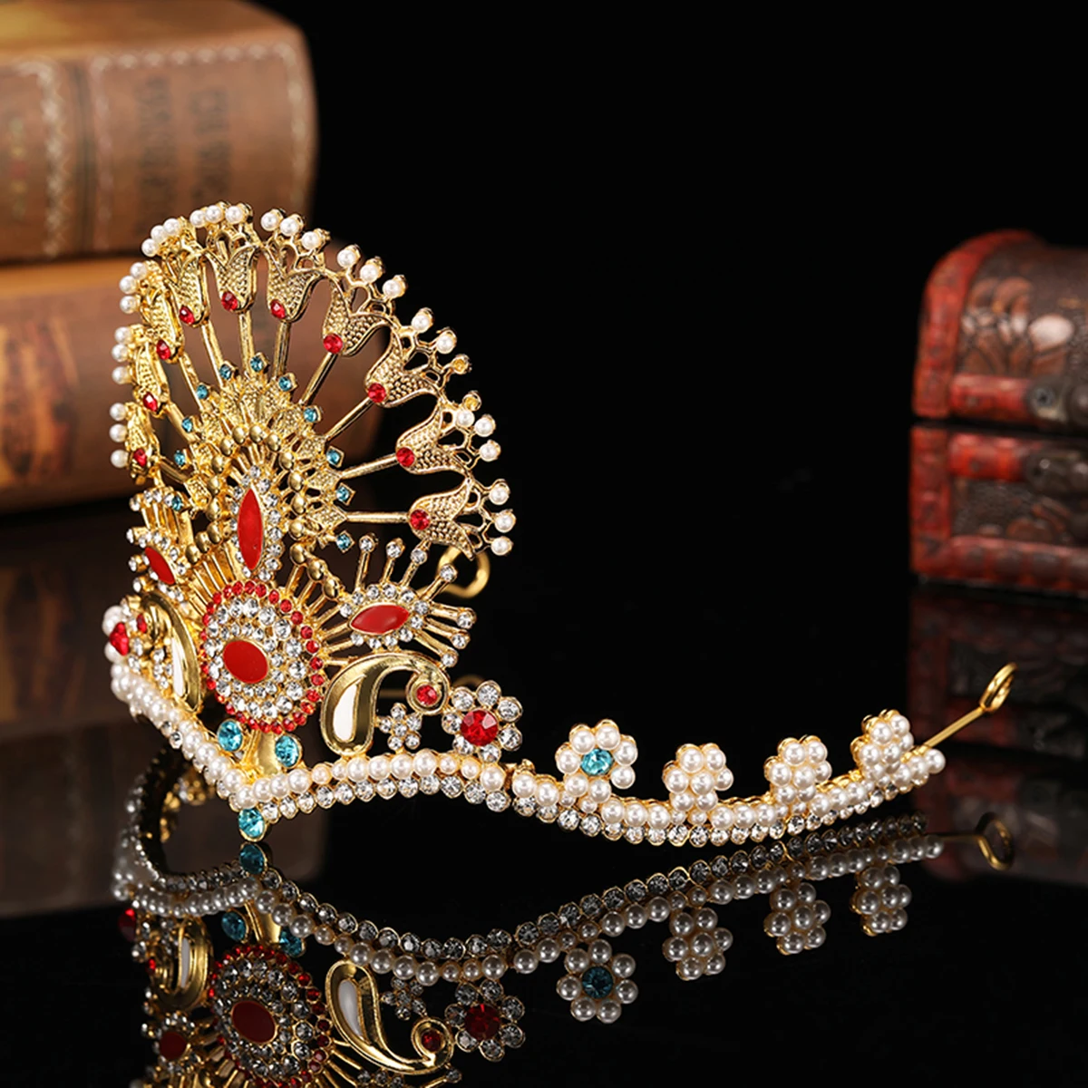 Gold Peacock Bridal Tiara Crown, Red Gem Pearl Crystal Wedding Headpiece Moroccan Party Pageant Hair Jewelry