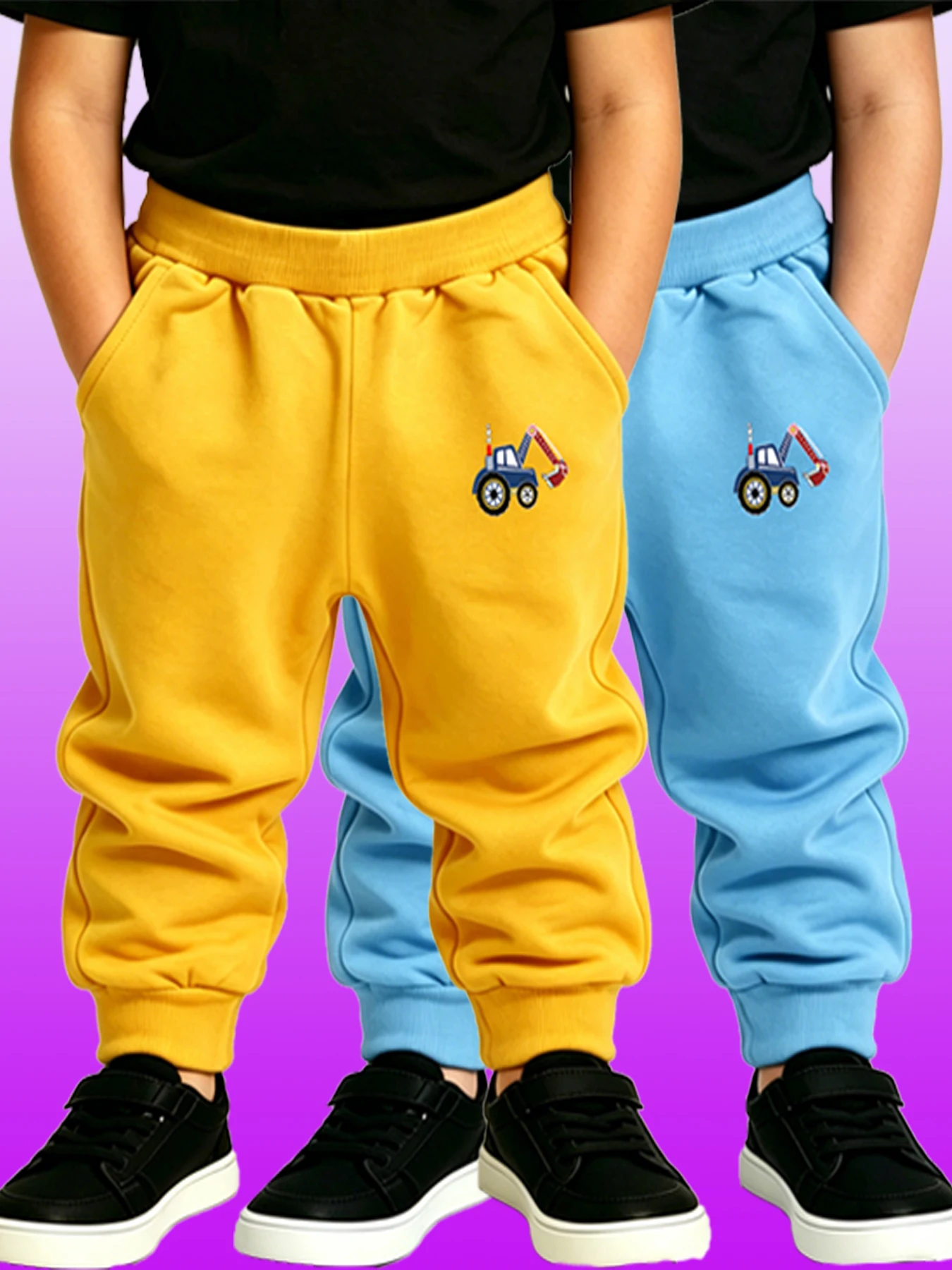 2 PCS Children's Pants Polyester Knitted Excavator Pattern Sweatpants 2-12 Years Old Boys Girls Comfortable Sports Long Trousers