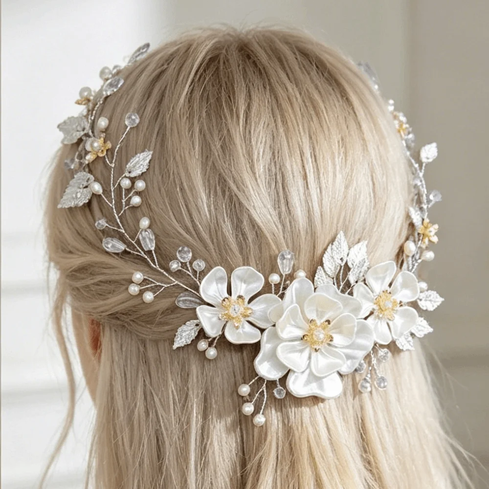 

Boho Beaded Crystal Wedding Headband Leaves Sparkling Bridal Hair Band Floral Accessory Exquisite Wedding Hair Accessory Women