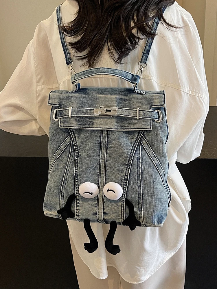 Large Denim Teenage Bookbag Rucksack Fashion Girl Backpack Women Shoulder Bag High School Schoolbag Black Mochila