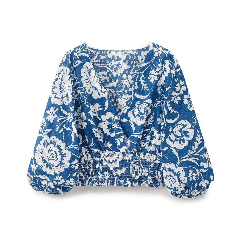

ZBZA Women's Loose Floral Print Bat Shirt Hollow Embroidered V-neck Lantern Sleeves Elastic Hem Shirt Spring Summer New Chic Top
