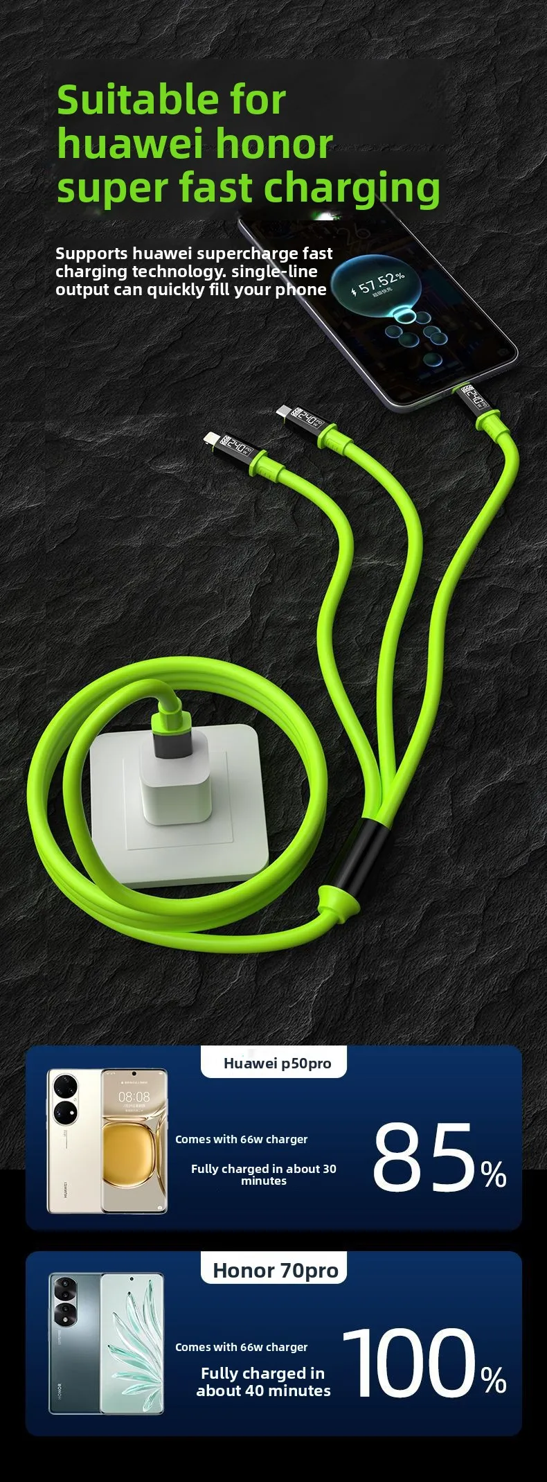 3 in 1 240W Fast Charging Cable Suitable For Micro USB Type C Charging Cable Multiple USB Ports Suitable For iPhone Huawei
