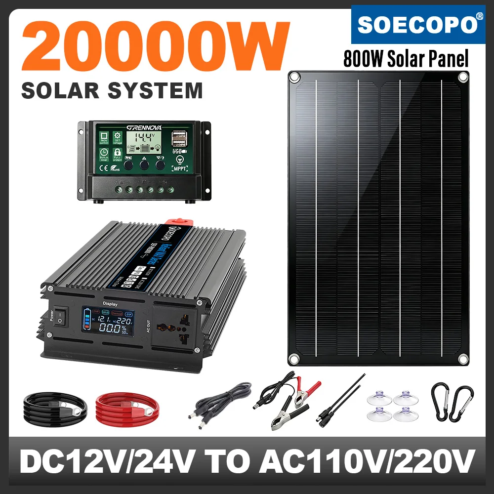 20000W Stable Power Peak Solar Power System Kit MPPT Controller Inverter DC12V/24V AC110V/220V 800W Solar Panel Off Grid RV Park