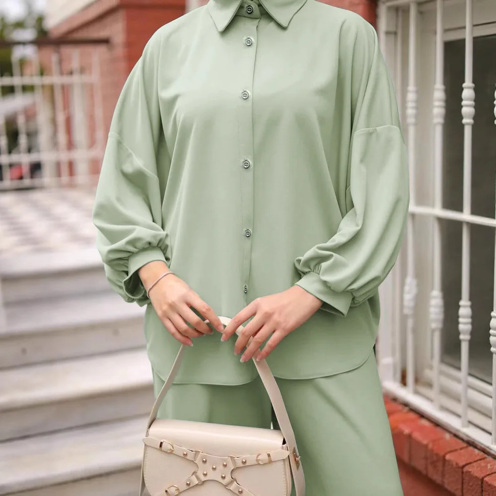

2PCS Women Casual Lapel Tops and Pants 2 Piece Set Muslim Clothing Turkey Kaftan Dubai Abaya Outfits Femme Musulmane Ensembles