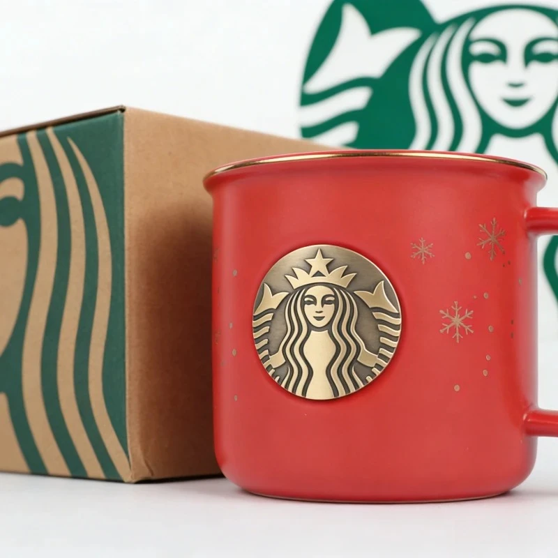 Caneca Vermelha de Natal Starbucks Edição Limitada com Padrão de Floco de Neve Bronze Siren, Presente Perfeito para o Natal