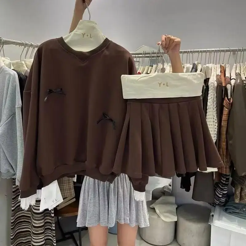 

Комплект: свитшот с круглым вырезом и 3D-узлом в корейском стиле и юбка, большие размеры (до 300 фунтов), модный свободный крой, весенняя коллекция