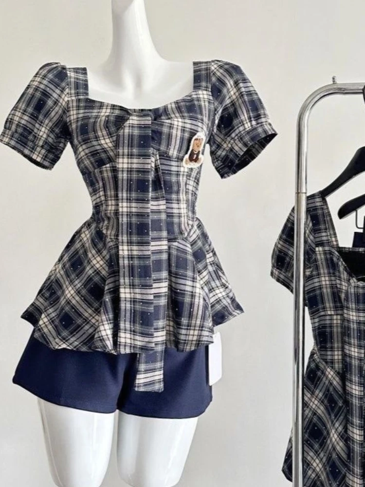 Y2k Square Collar Short Sleeve Preppy Plaid All Match Ins Slim Fashion Top Female