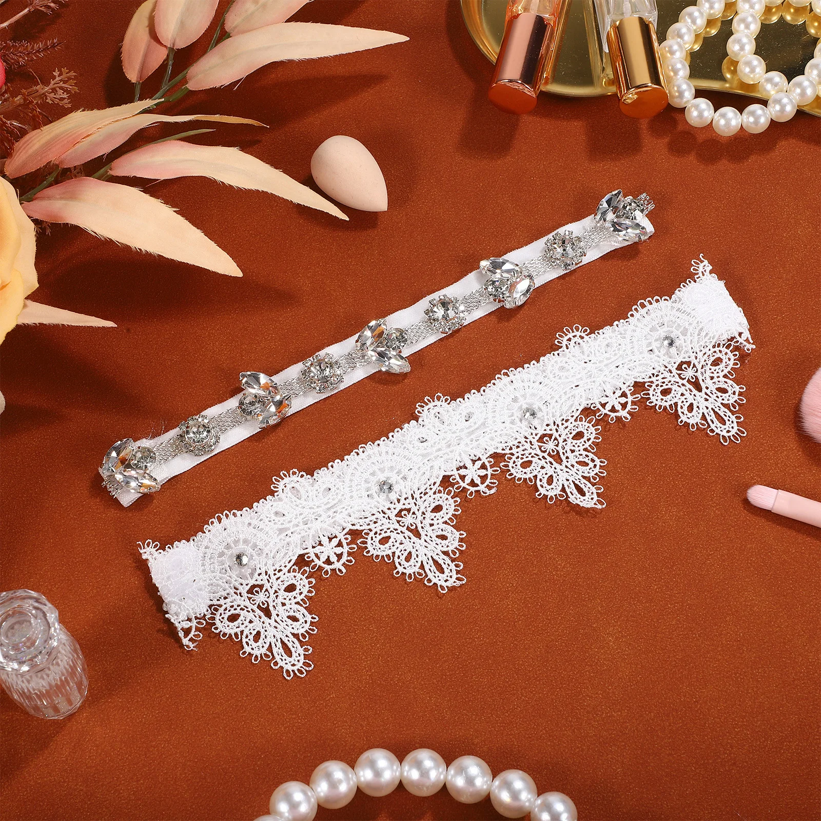 

2pcs Rhinestone Garter Lace Bridal Wedding Accessories Adjustable Belt For Bridesmaids Party Prom Graduation Anniversary White