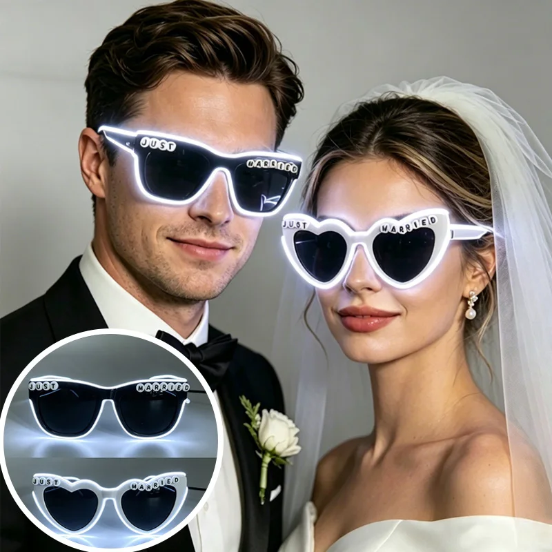LED Just Married Glasses Wedding Bride To Be Surprise Gift Couple Glasses Souvenirs Glowing Heart Glasses Married Sunglasses