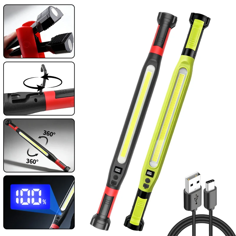 COB Work Light Type‑C Rechargeable Magnetic Waterproof Long Strip Lamp with Hook for Outdoor Camping Car Repair Working