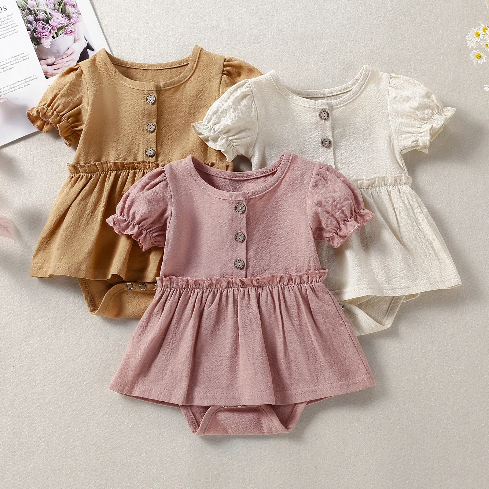 

Lioraitiin 0-18M Newborn Girl Short Sleeve Romper Solid Button Round Neck Patchwork Dress Style Playsuit Simple Bodysuit