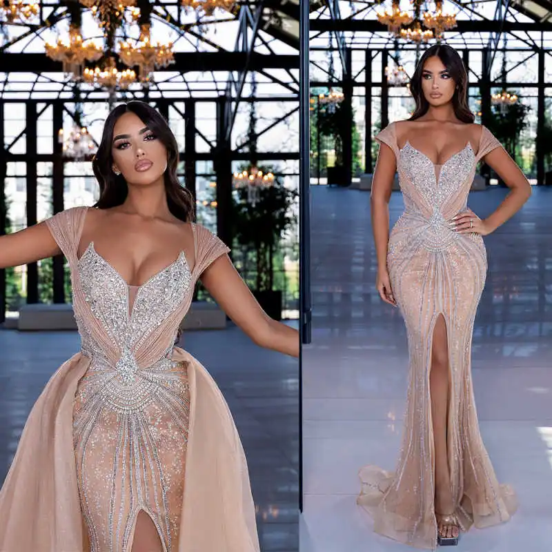 FashionMermaid Evening Dresses Sweetheart Neck Sleeveless Gown Crystal Sequins Detachable Train Dress Party Customized Dress