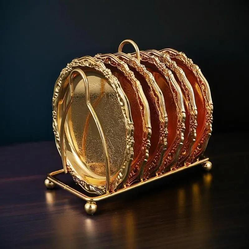 [Creative Cup Holder] 7pcs European Style Creative Metal Cup Holder Set | Snack Plate Storage Tray with High-End Coasters