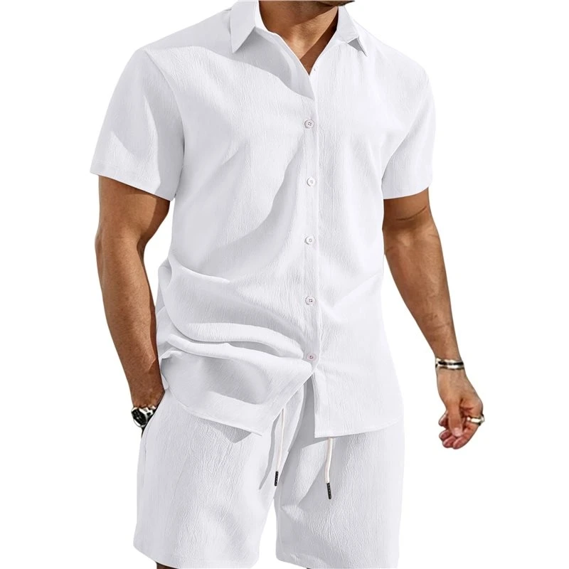 【price-drop-】men-2-piece-outfit-solid-short-sleeve-button-shirt-and-drawstring-shorts-summer-casual-set