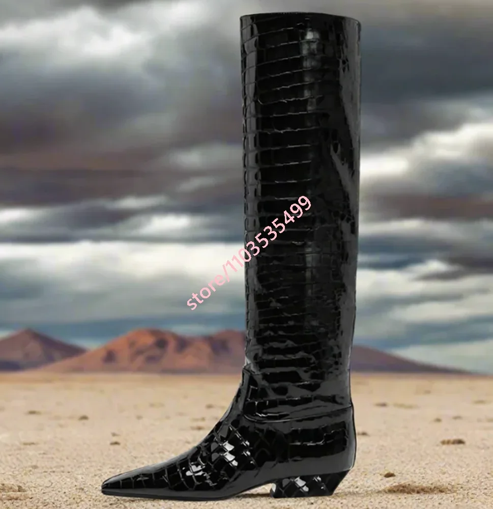 

Crocodile Pattern Leather Ladies Boots New Pointed Sexy Thick Heel Knight Boot Party Knee-High Catwalk Model Boots