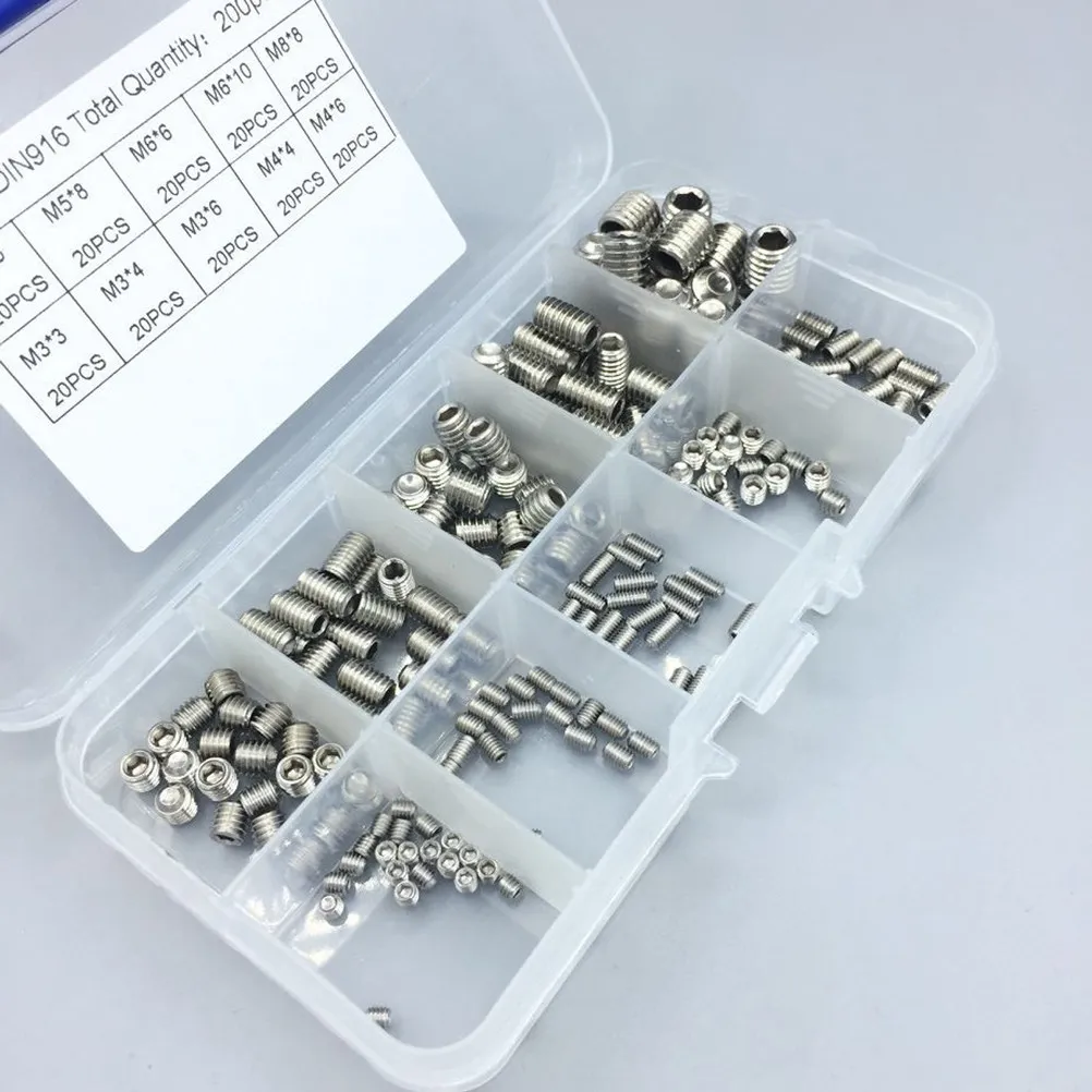 200Pcs Stainless Steel Cup Point Socket Set Screw Assortment Kit 10 Sizes Hex Allen Head Grub Screws for Machinery DIY Repair