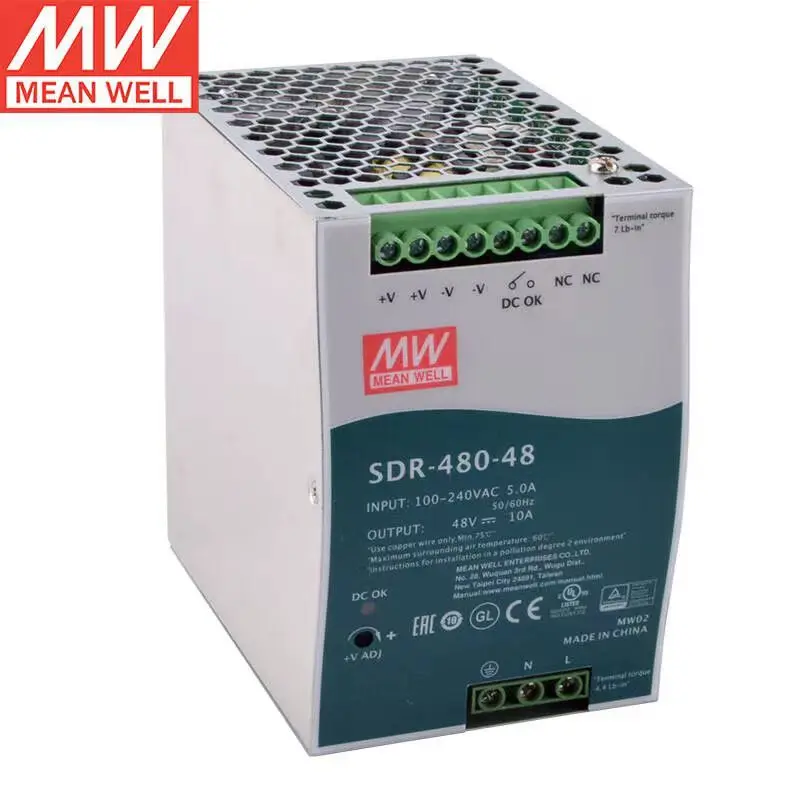 MEAN WELL SDR-480-48 Single Output Industrial DIN RAIL with PFC Function Switching Power Supply Brand New Original Authentic 48V