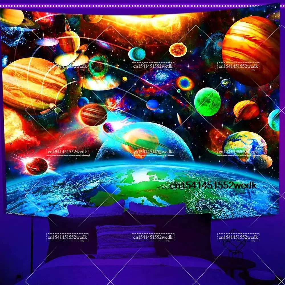 Trippy Planet Blacklight Tapestry Starry Night Sky Glow in the Dark Fluorescent Party Backdrops UV Reactive Aesthetic Tapestry