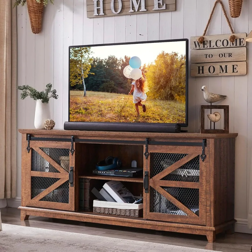 Farmhouse TV Stand for 75 Inch TV, Industrial & Farmhouse Media Entertainment Center w/Sliding Barn Door