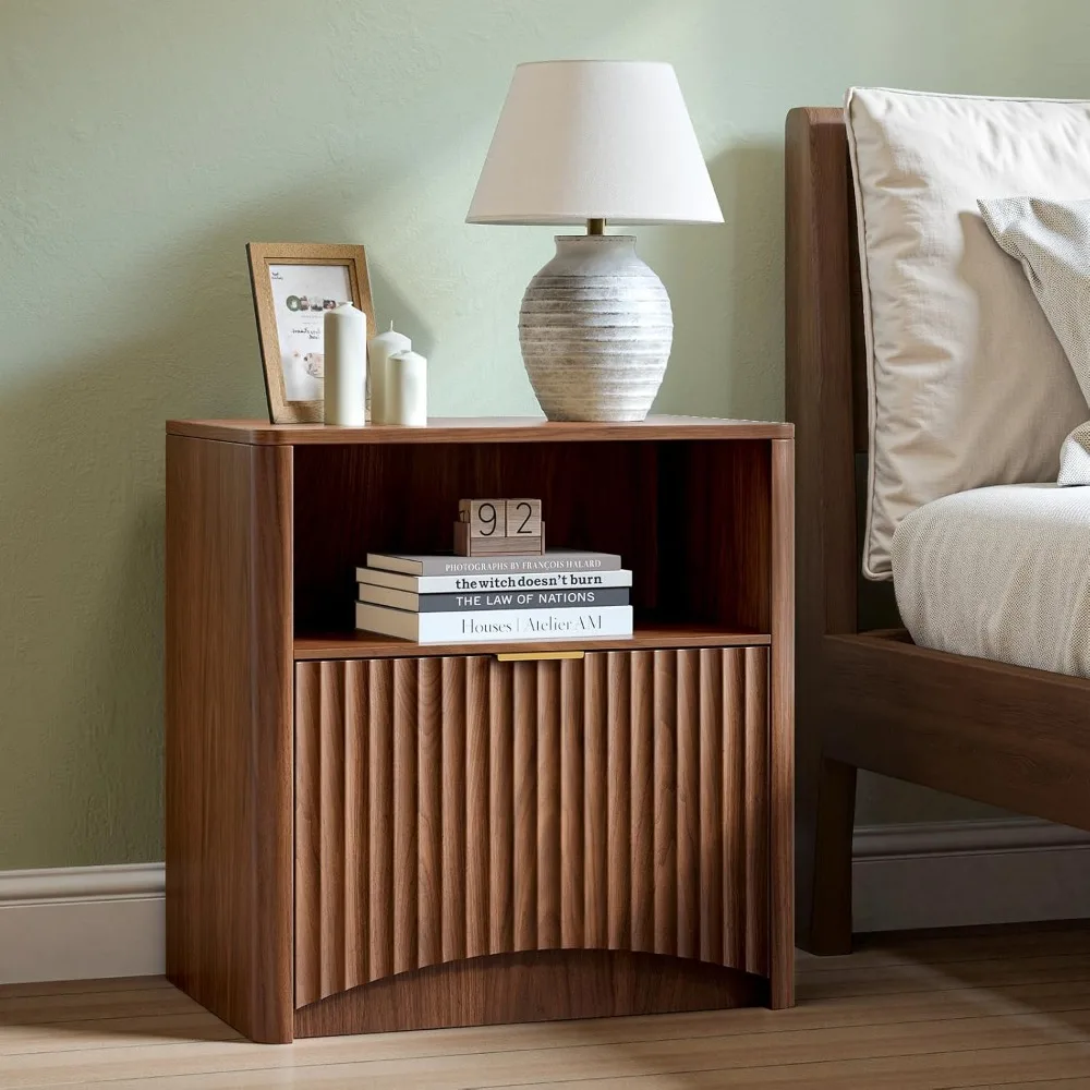 

Fluted Nightstand, Walnut Bedside Table with Drawer and Storage, Wood End Table Mid Century Modern, Large Night Stand