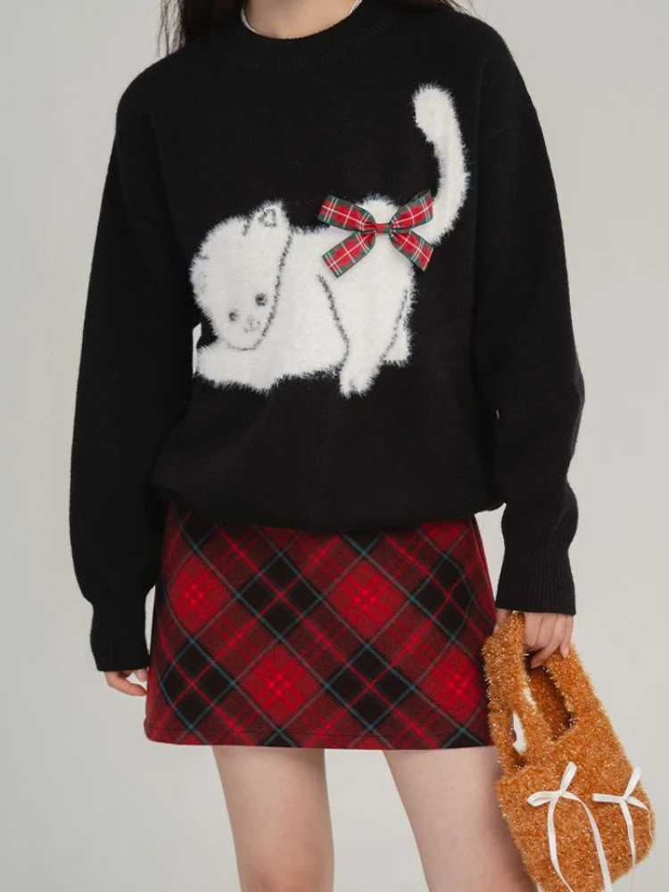 Deeptown-Pull en cachemire imprimé Kitty Kawaii pour femme, Streetwear féminin, haut d\'automne, mode coréenne, vêtements de Noël d\'hiver, Y2K