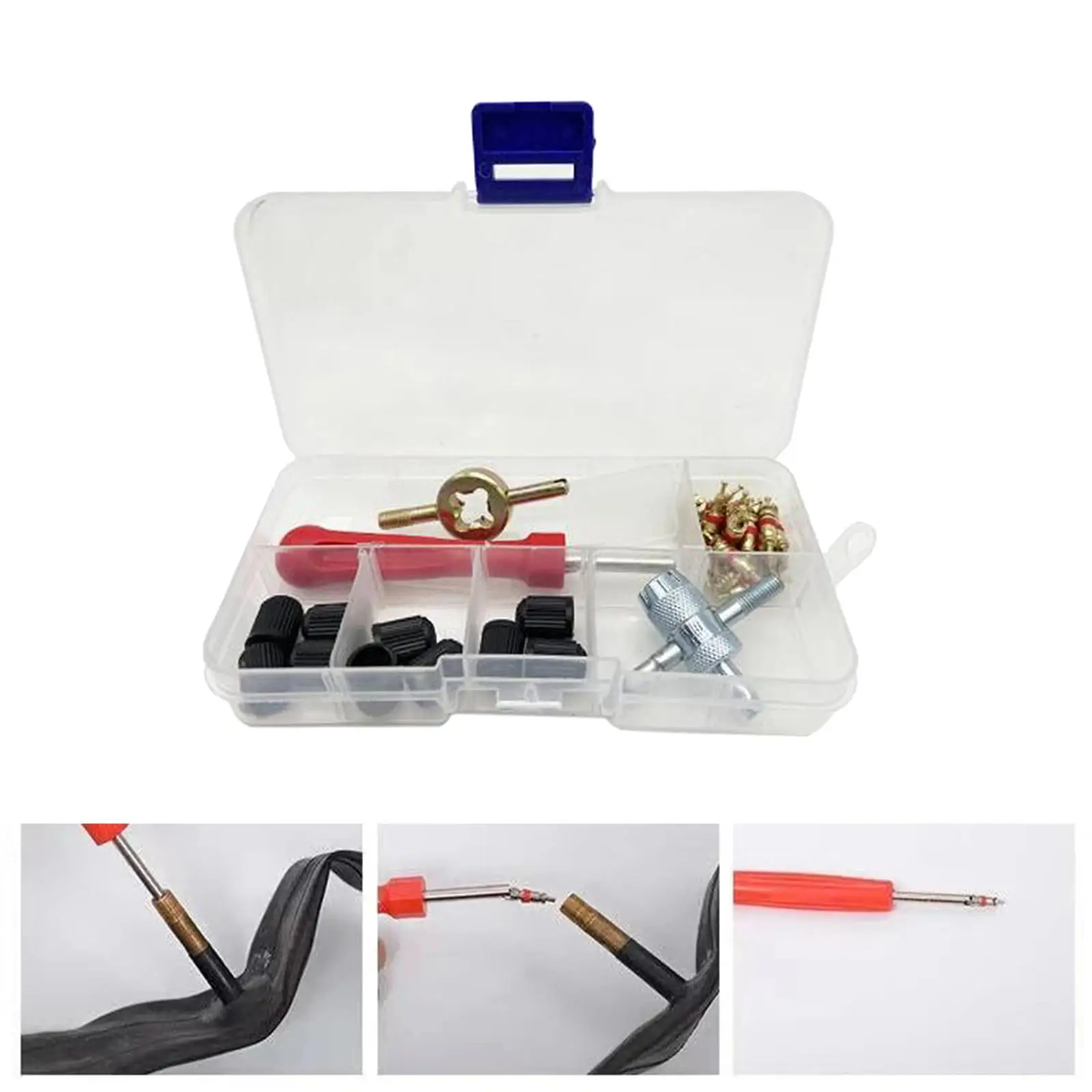 33 Pieces Tire Valve Repair Kit with Storage Box 4 Ways Valve Tool for Car Bike Bicycle Truck Multifunctional Professional