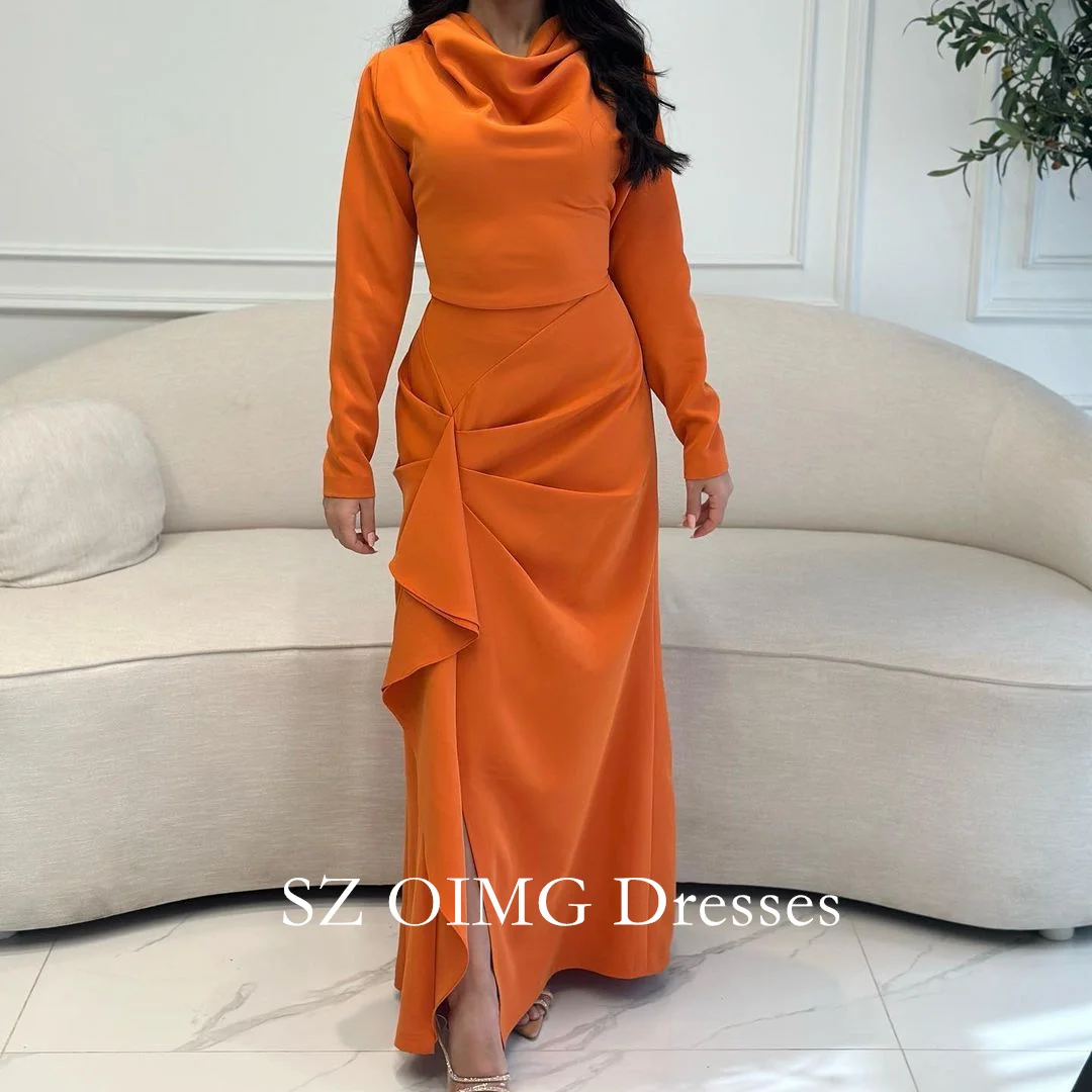 

OIMG Orange Long Sleeves Slit Custom Made Prom Dresses Mermaid Arabic Crepe Satin Gorgeous Evening Gowns Formal Party Dress