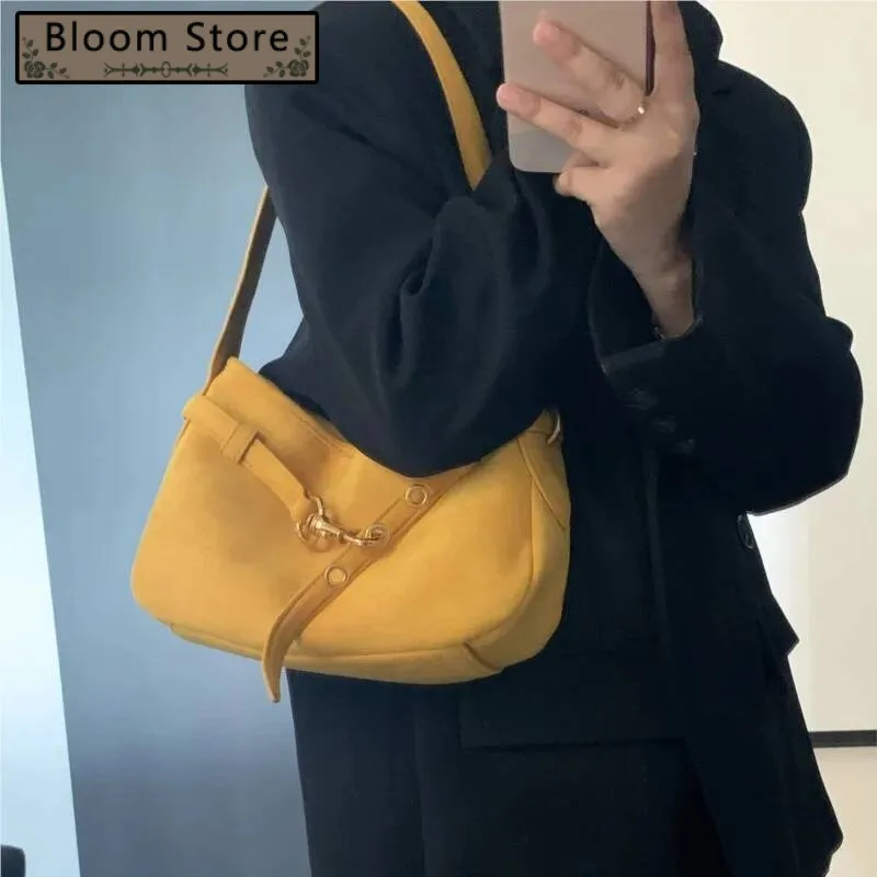 

Bloom Yellow Suede Handbag Women Retro Fashion Versatile Shoulder Bags Ladies Casual Minimalist Commute Underarm Bag 2025 New