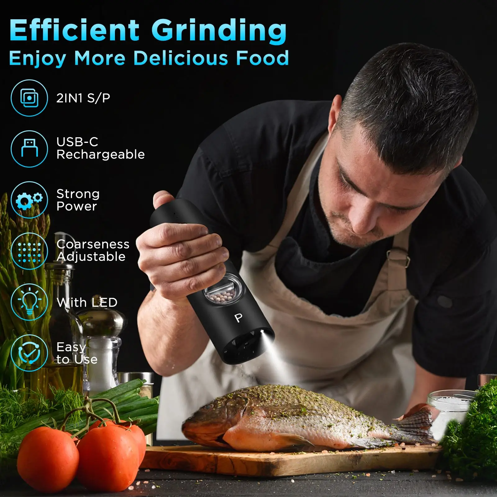 

Electric Automatic Salt Grinder Set USB Rechargeable Electric Pepper Mill With LED Light Adjustable Coarseness Kitchen Gadget