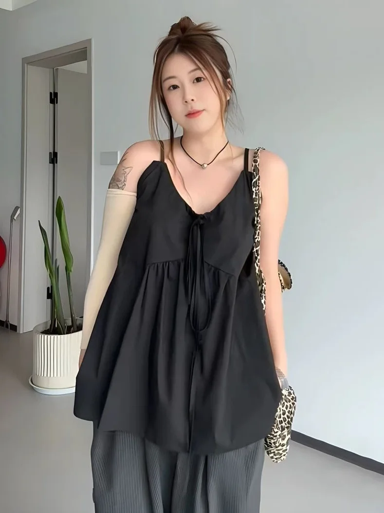 Summer plus Size Trendy Tie Design Strap Top 300 Pounds Slimming Meat Concealing  Color Sleeveless Vest Women's Fashion