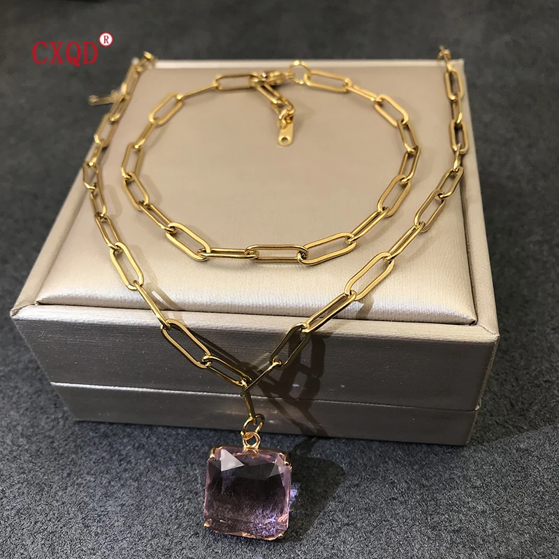 Stainless Steel Clear Colored Square Glass Pendant Necklace Bracelet for Women Fashion Aesthetic Chain Party Jewelry Sets Gifts