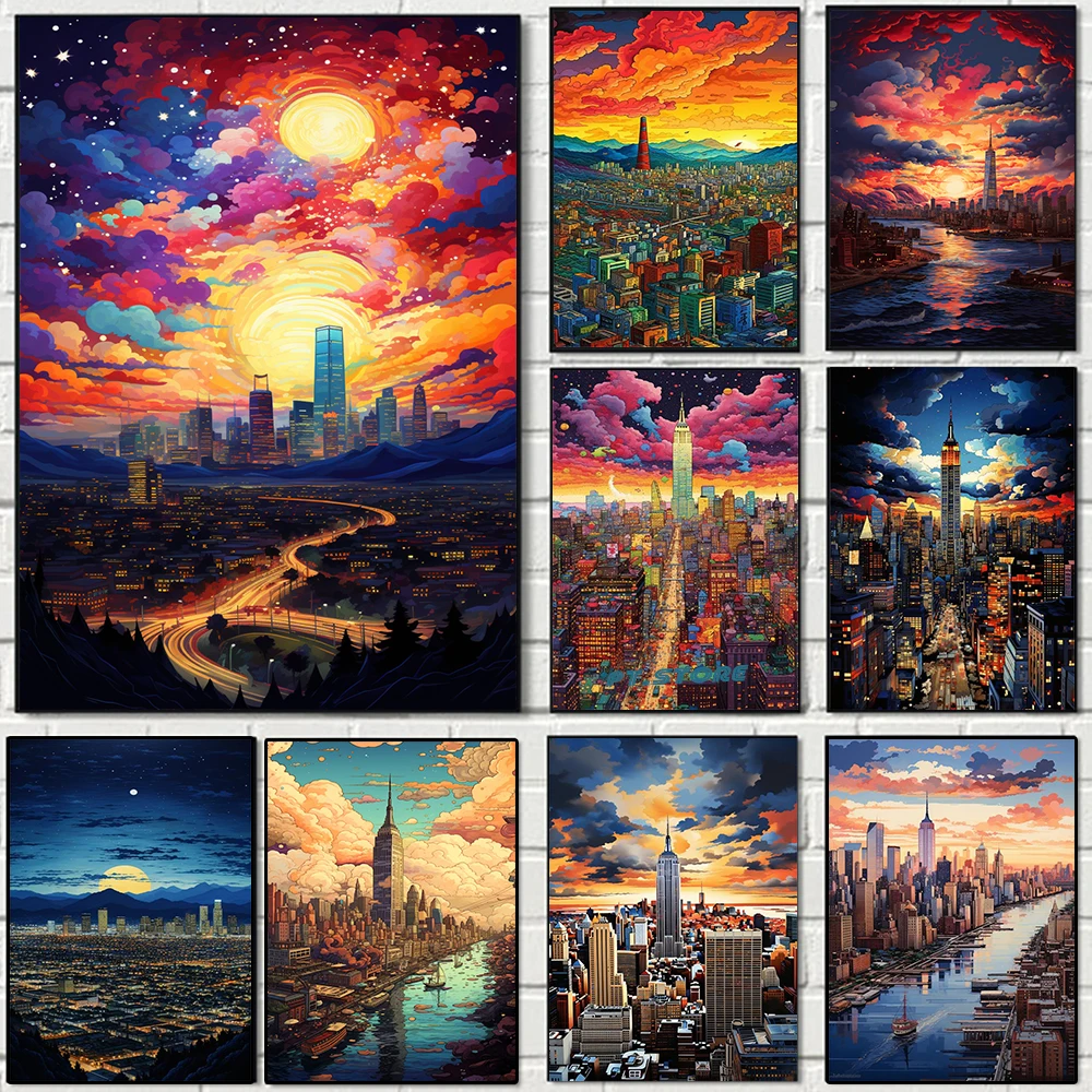 

Abstract Starry Sky Canvas Painting Graffiti Colorful Clouds City Building Landscape Posters Art Print Living Room Home Decor