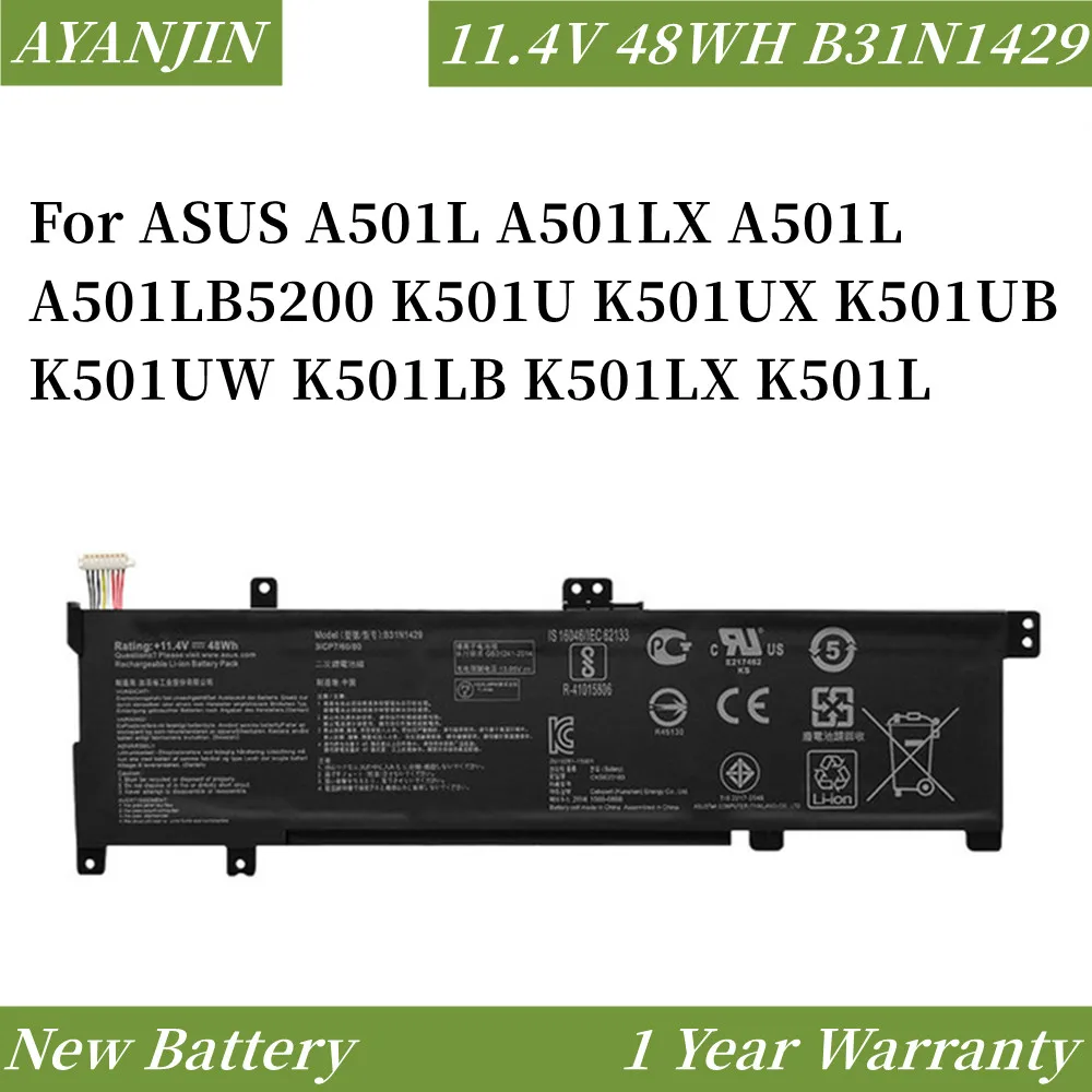 

11.4V 48Wh B31N1429 Laptop Battery For ASUS A501L A501LX A501L A501LB5200 K501U K501UX K501UB K501UW K501LB K501LX K501L