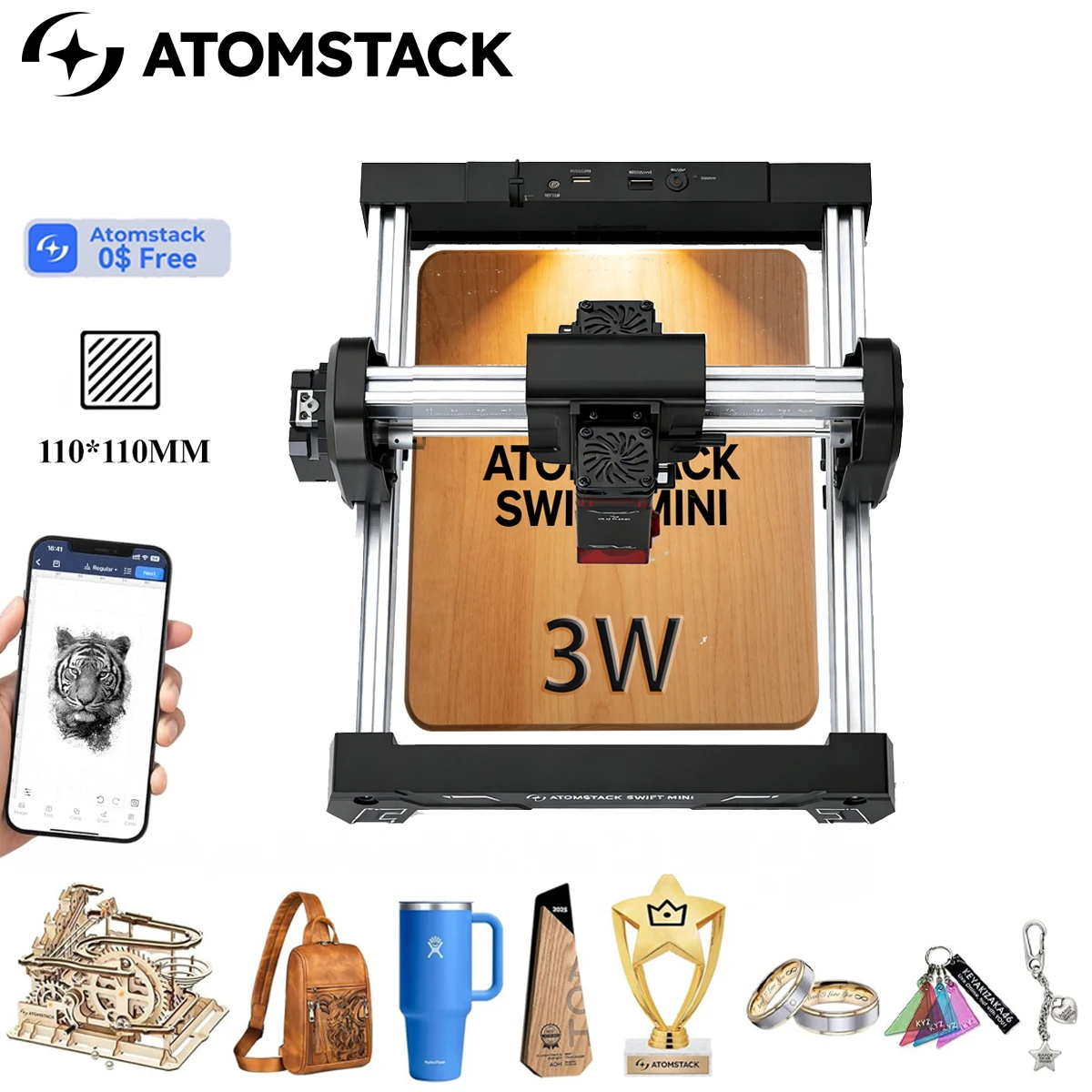 ATOMSTACK Swift Laser Engraver for Beginners Desktop Laser Cutter Machine 0.04mm High Precision DIY Wood/Leather/Crafts/Acrylic